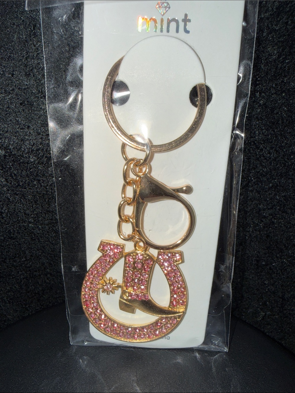 Mint Gold-Tone Keychain with Pink Crystal Horseshoe & Boot Charms
